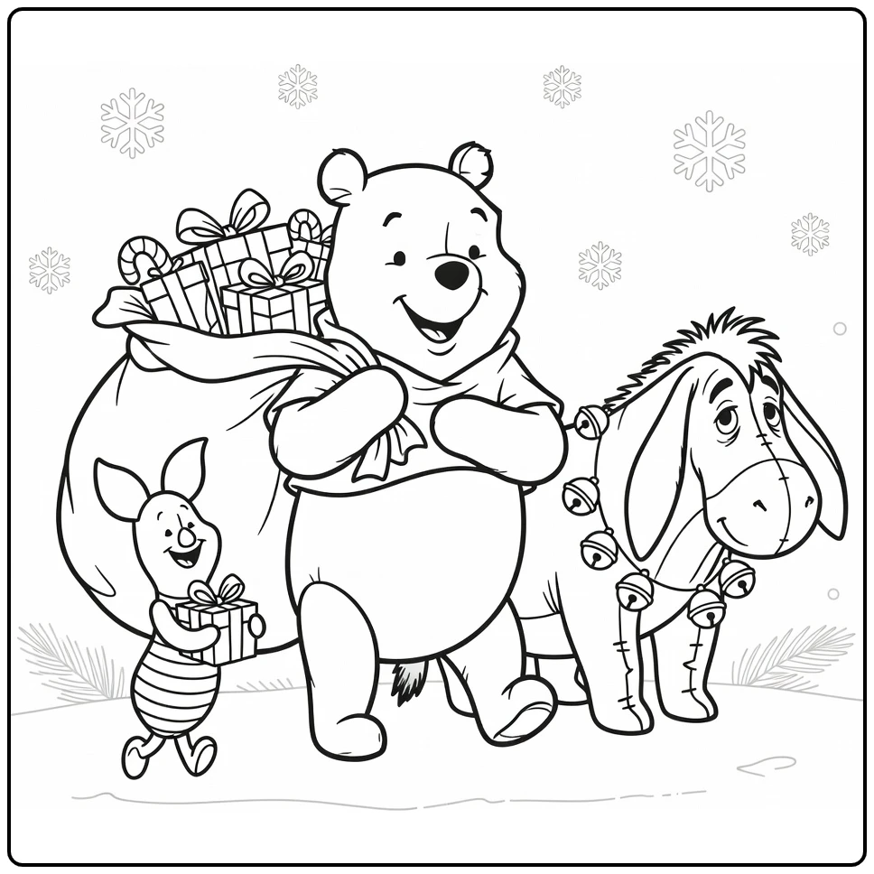 kleurplaat winnie the pooh kerst: Pooh met grote zak cadeaus