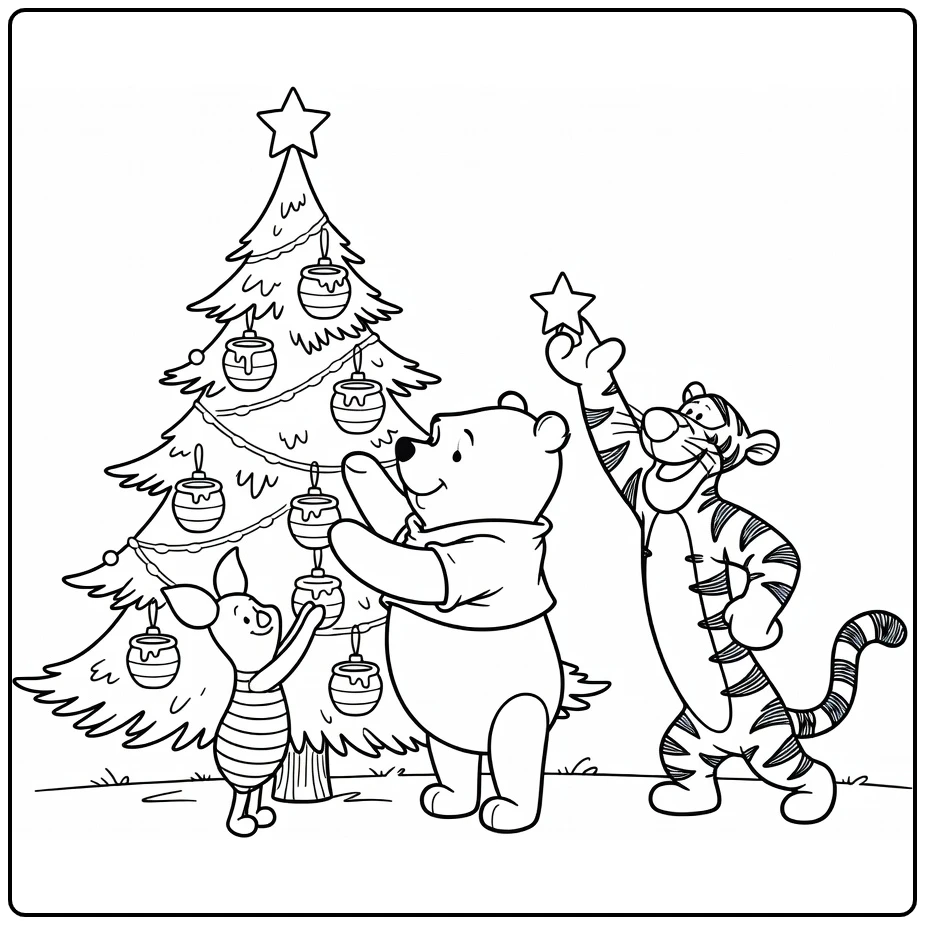 Kleurplaat Winnie the Pooh Kerst: Pooh siert boom met honingpotjes