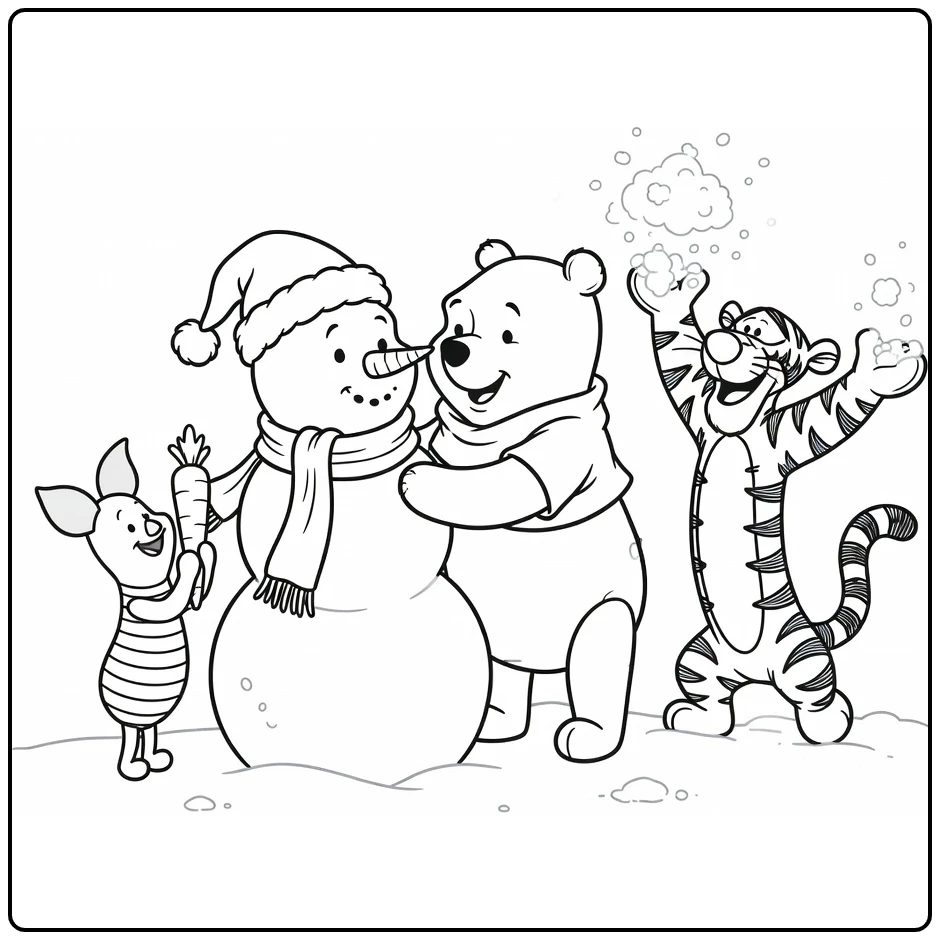 kleurplaat winnie the pooh kerst: sneeuwman bouwen met vrienden