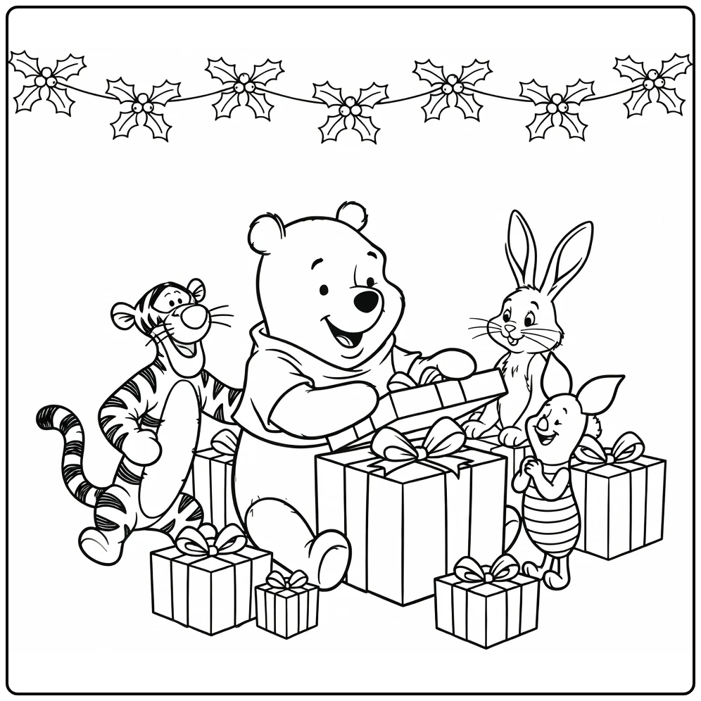 Kleurplaat winnie the pooh kerst: Pooh opent groot cadeau lachend