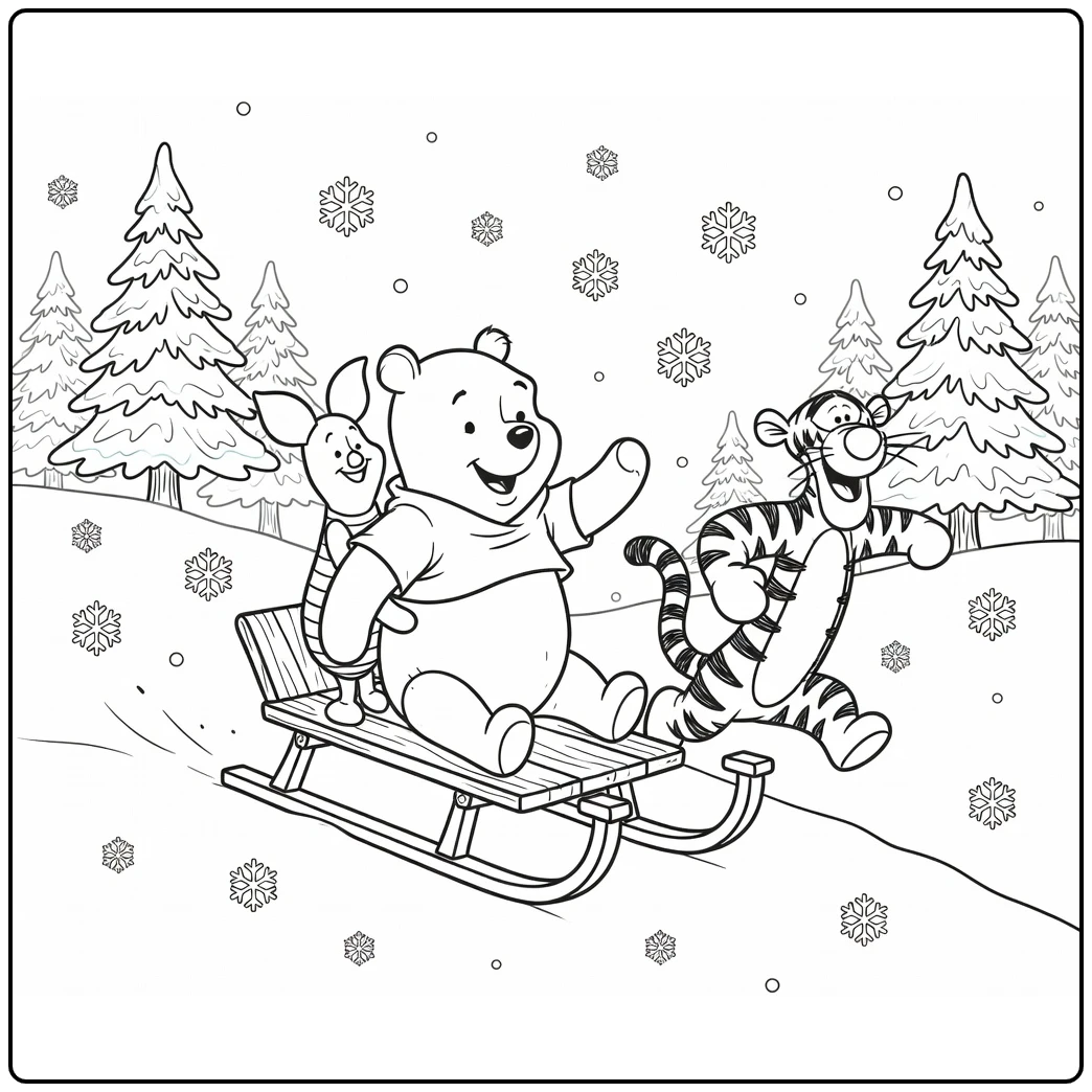 Kleurplaat winnie the pooh kerst: slee op sneeuwhoek met Knorretje en Tijger