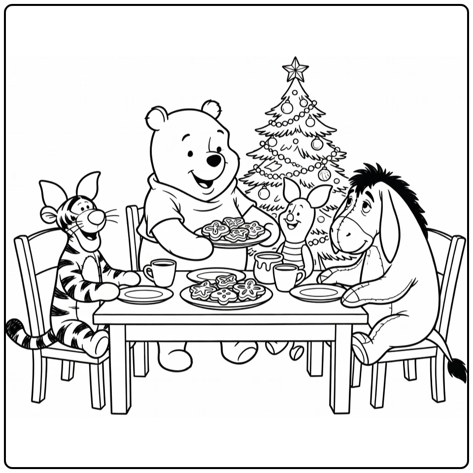 kleurplaat winnie the pooh kerst met Poeh Porretje Tijger IJzermop