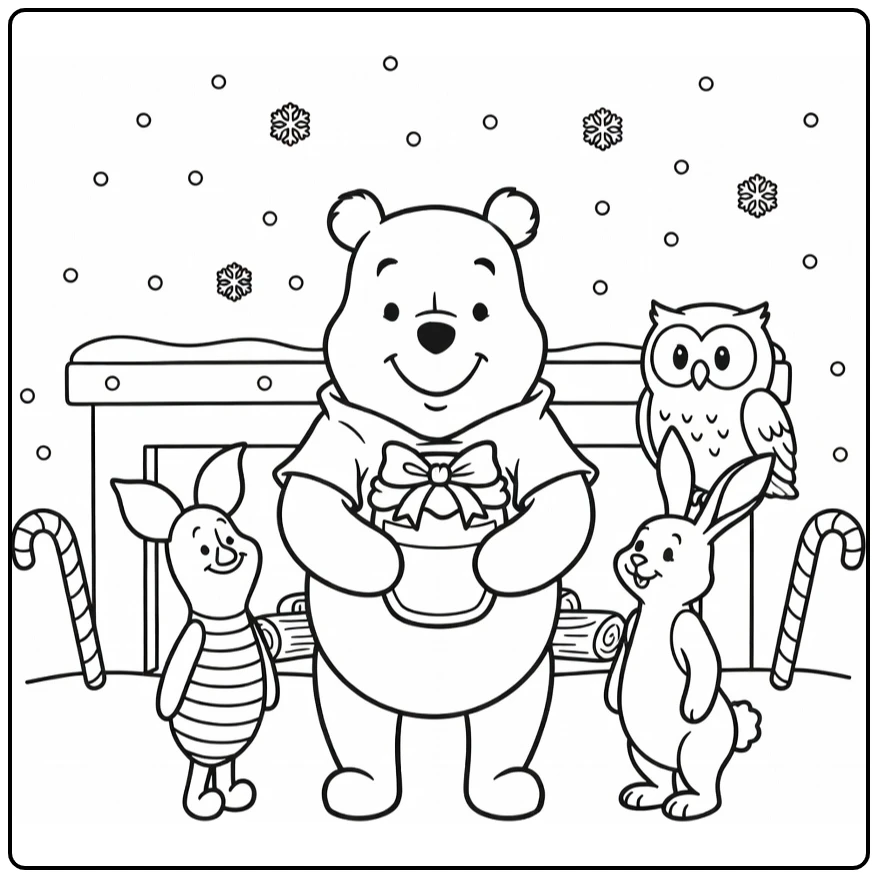 Kleurplaat winnie the pooh kerst met honingpot cadeau
