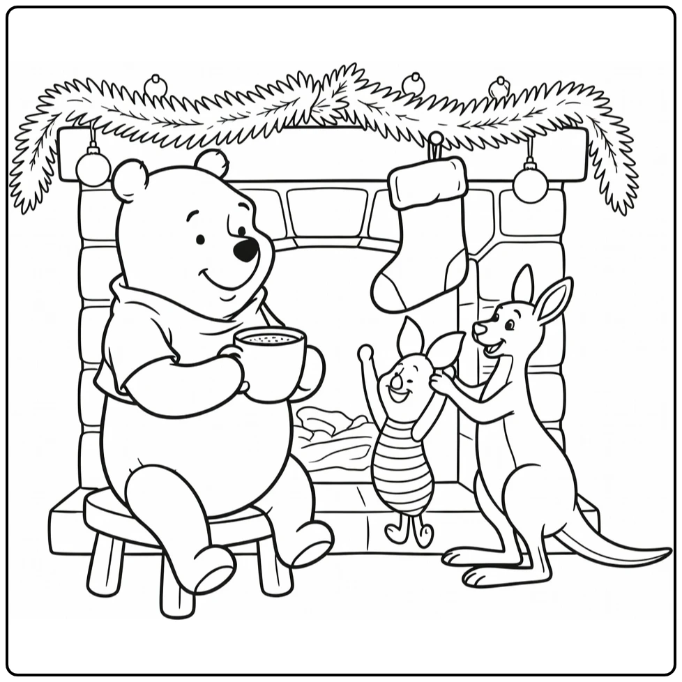 kleurplaat winnie the pooh kerst bij haard met cocoa, Knorretje & Roe