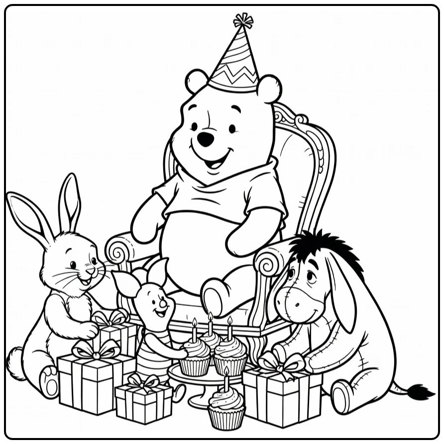 Kleurplaat winnie the pooh verjaardag met konijn, biggetje, iejoor