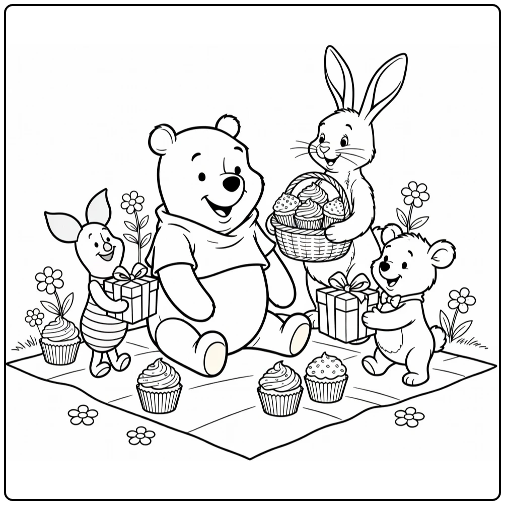 kleurplaat winnie the pooh verjaardag picknick met Piglet en Roo