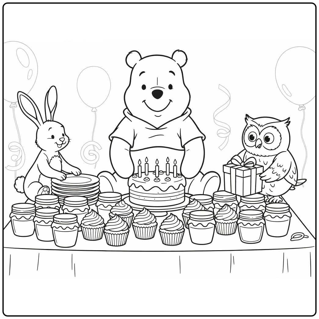 Kleurplaat Winnie the Pooh verjaardag met honing en taart