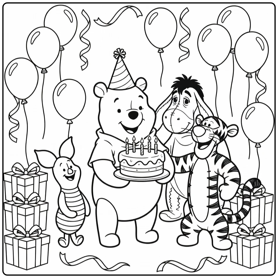 kleurplaat winnie the pooh verjaardag met feestmuts, taart en vrienden