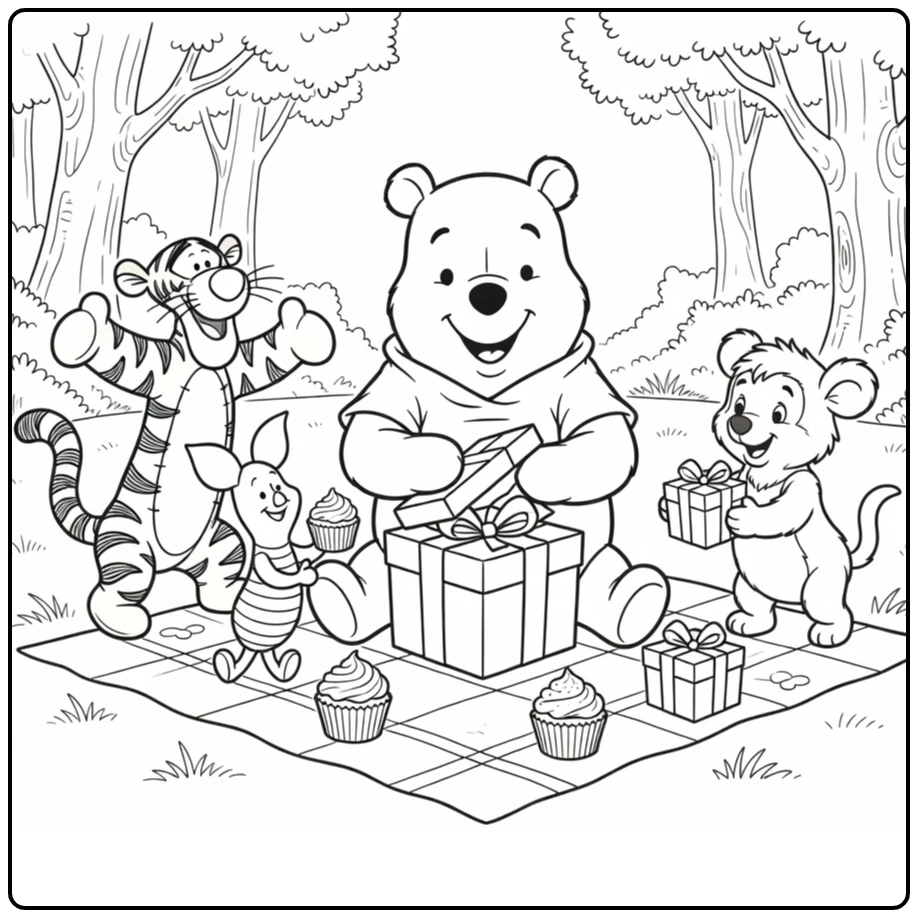 kleurplaat winnie the pooh verjaardag: pooh opent cadeau bij picknick