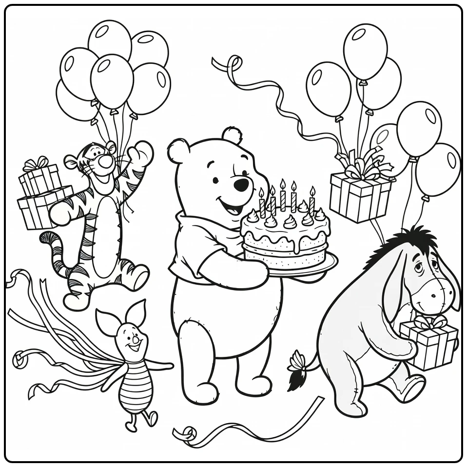 kleurplaat winnie the pooh verjaardag met taart en parade