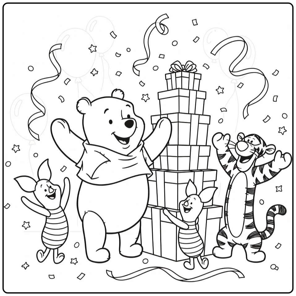 Kleurplaat Winnie the Pooh verjaardag met cadeaus en feest