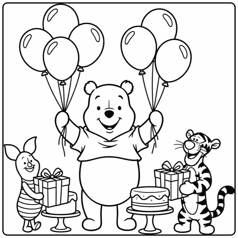 kleurplaat winnie the pooh verjaardag met ballonnen Piglet Tigger