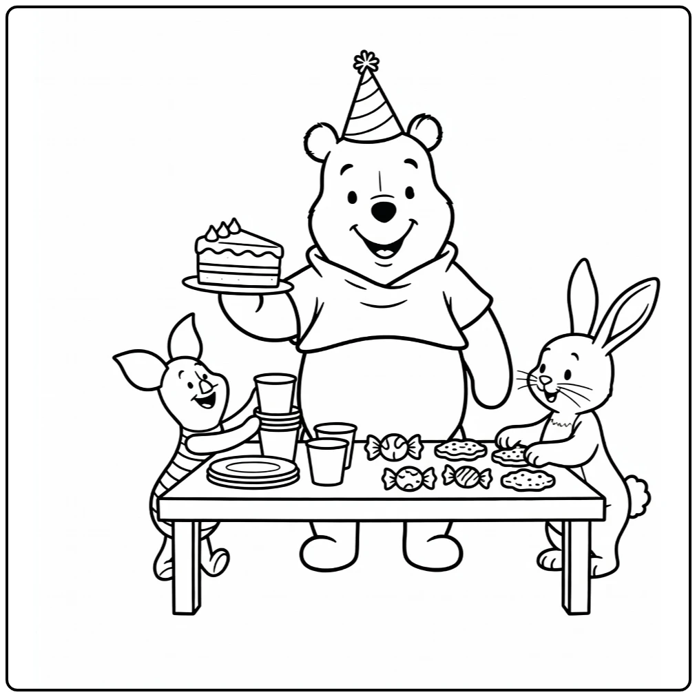 Kleurplaat winnie the pooh verjaardag met taart en feestmuts