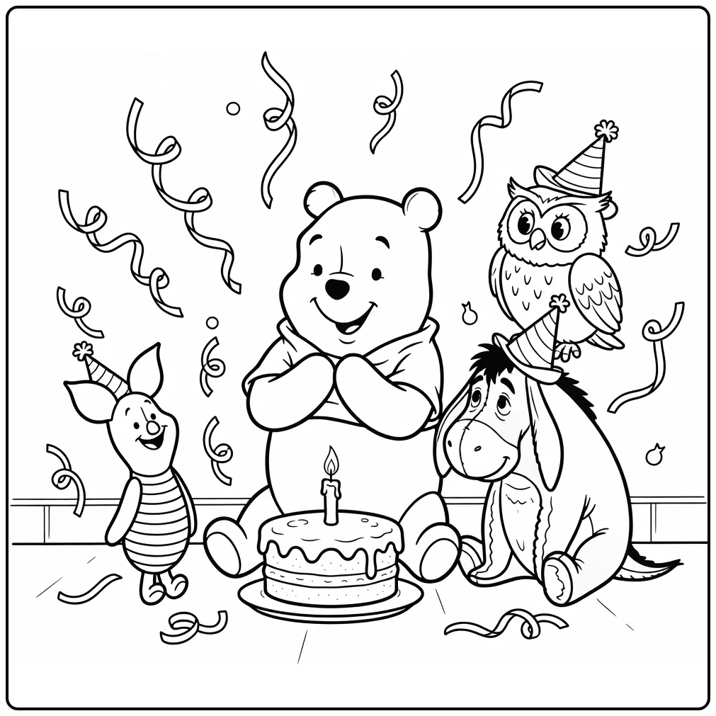 Kleurplaat winnie the pooh verjaardag met honingtaart en wens