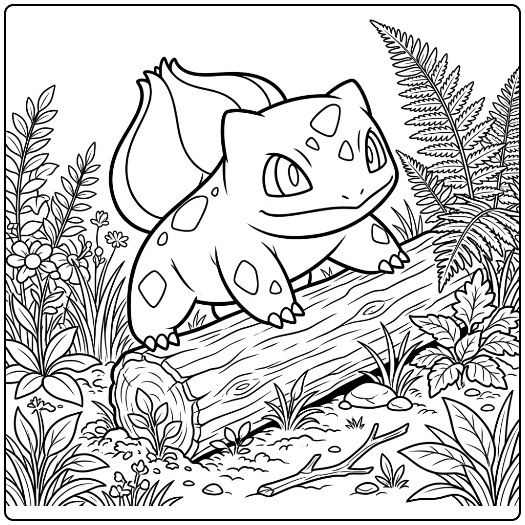 Avontuurlijke bulbasaur kleurplaat over een boomstam.