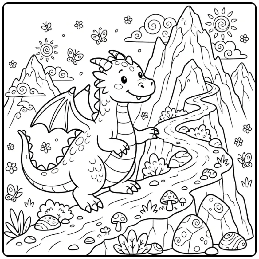 Schattige kleurplaat draak die een steile berg beklimt.