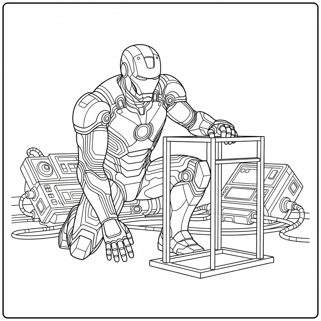 Mooie iron man kleurplaat met een knielende superheld.