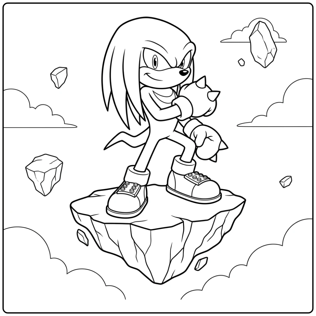 Knuckles kleurplaat: stoere echidna balanceert op zwevende rots