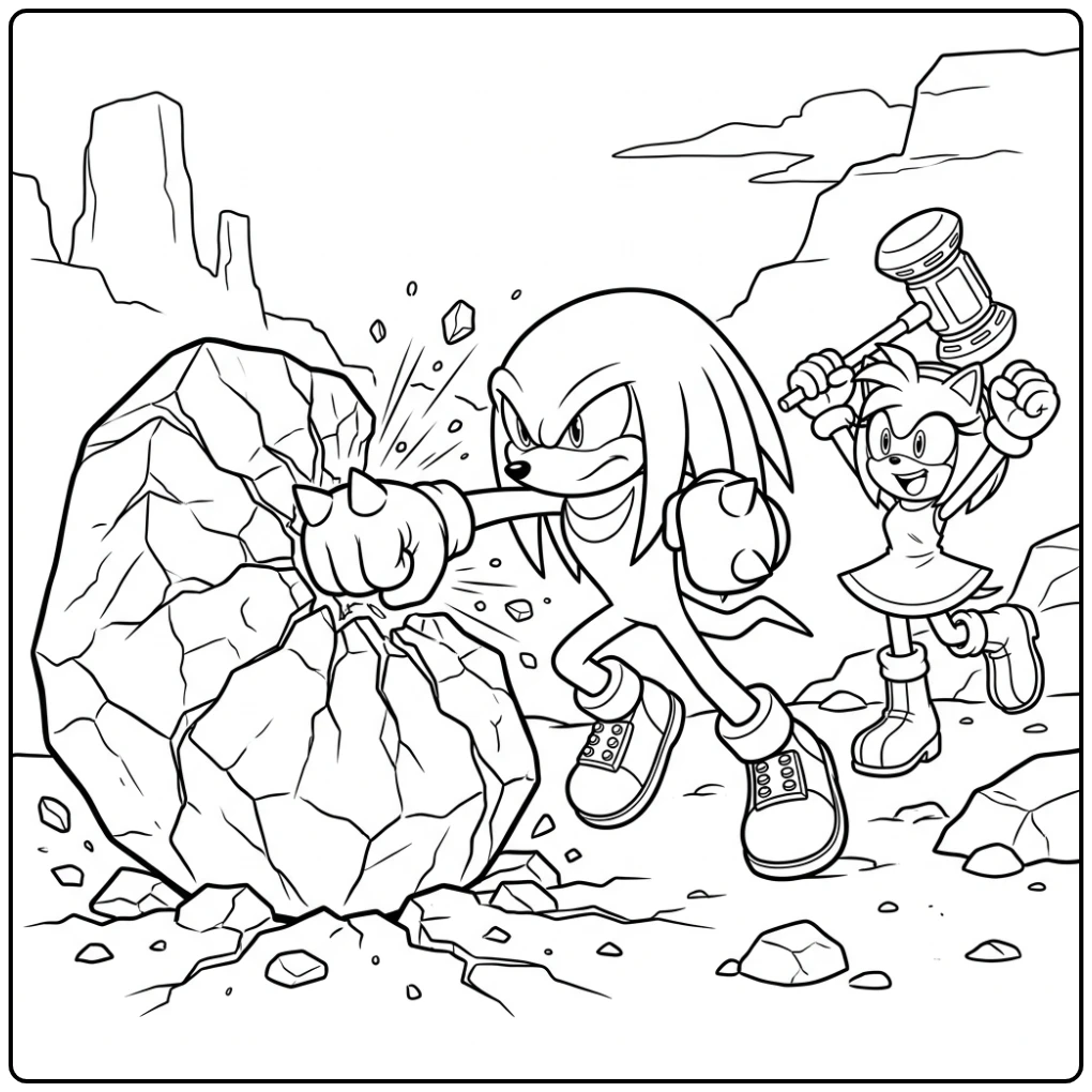 Knuckles kleurplaat: stoere Knuckles slaat rots met Amy's aanmoediging.