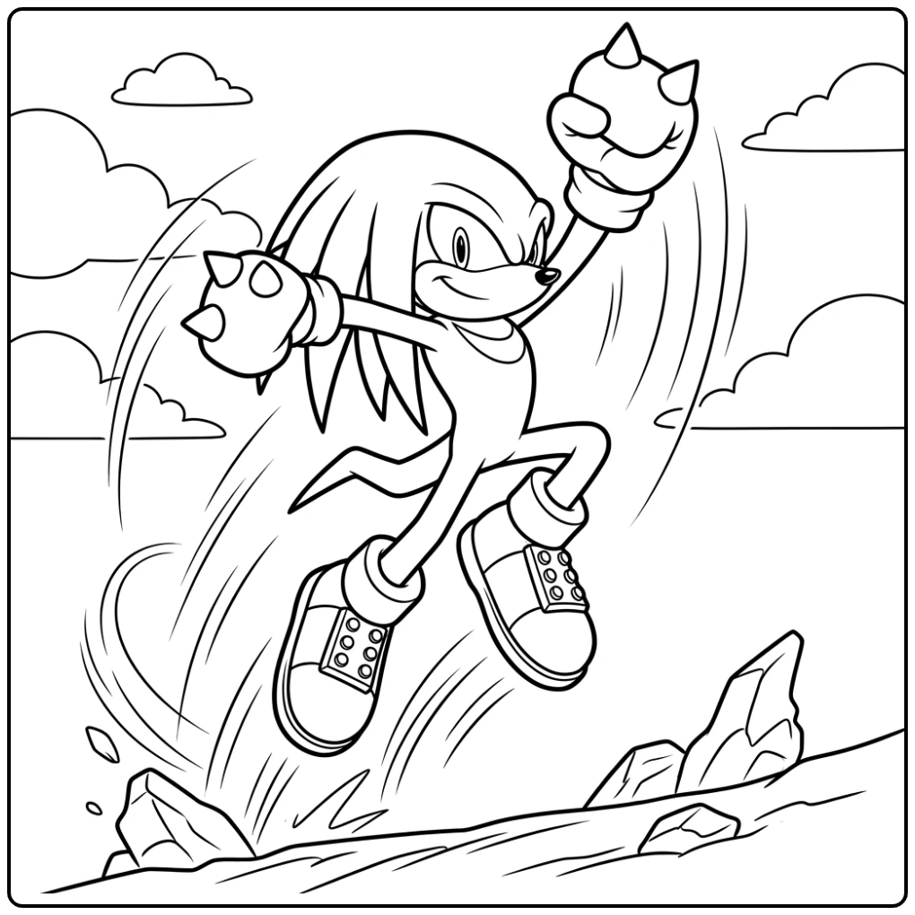 Dynamische Knuckles kleurplaat, springend hoog in de lucht.