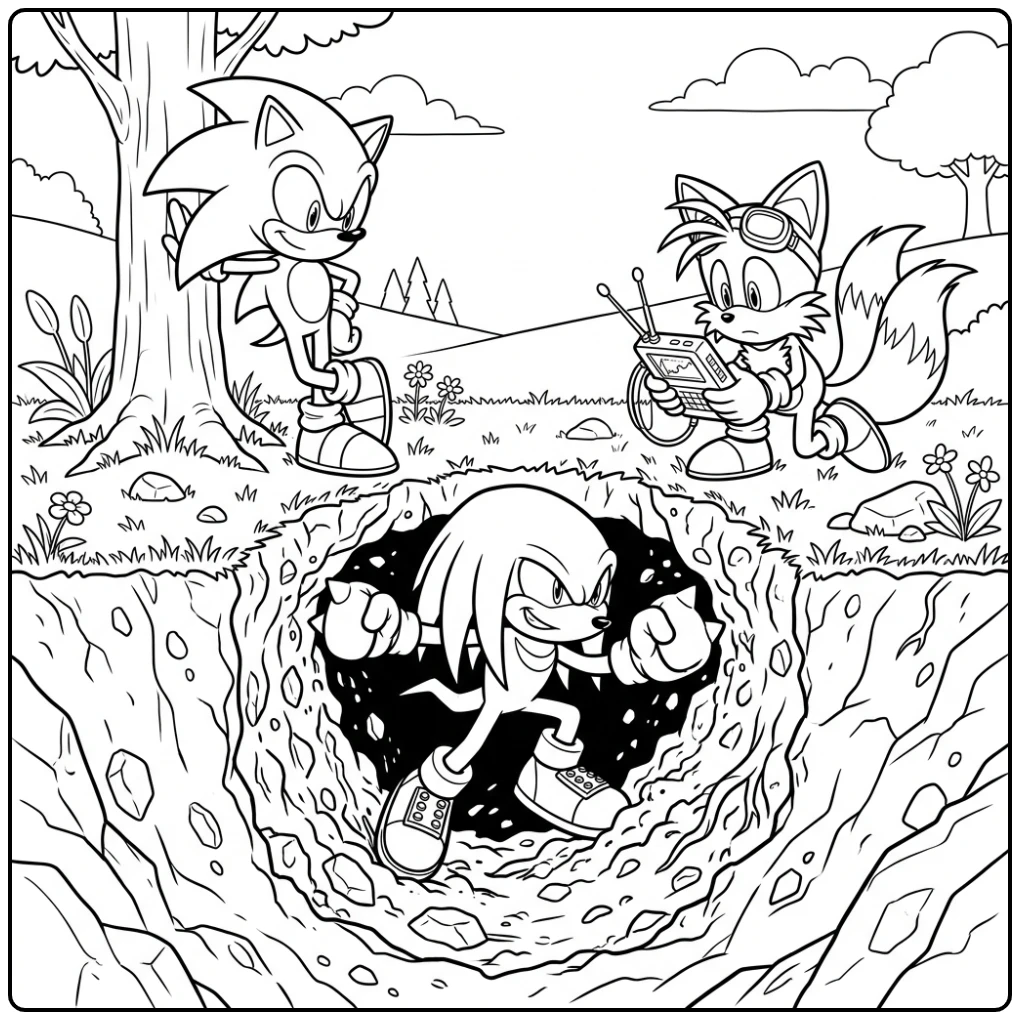 knuckles kleurplaat: Knuckles graaft, Sonic wacht, Tails scant.