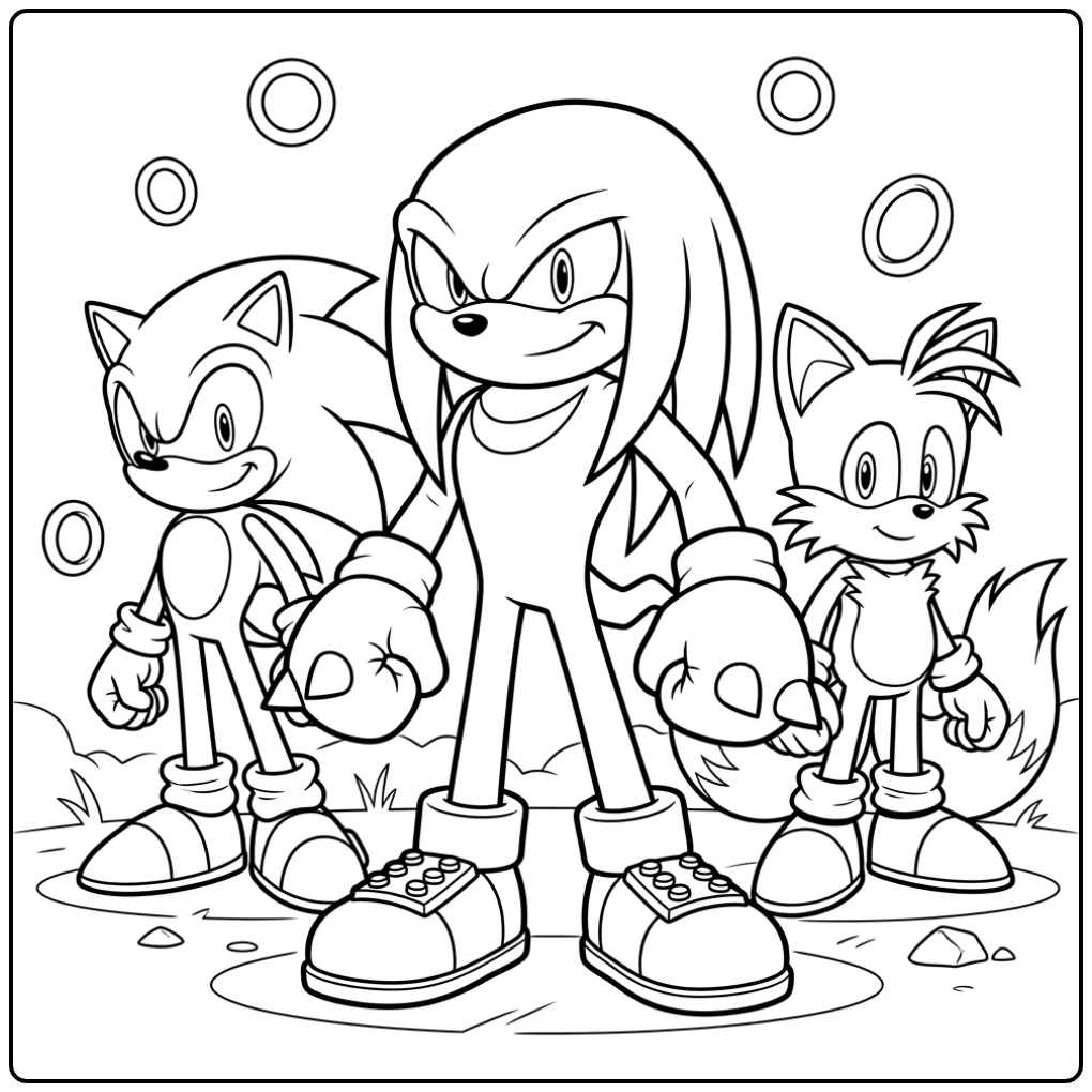 Knuckles kleurplaat met Knuckles, Sonic en Tails als leiderschapsteam.