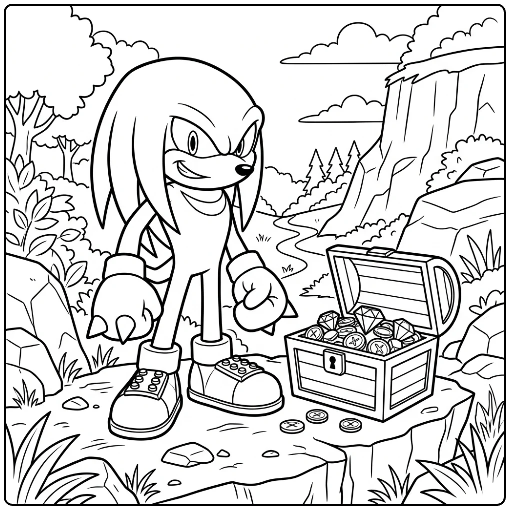 Knuckles kleurplaat met Knuckles bij een pas ontdekte schatkist.