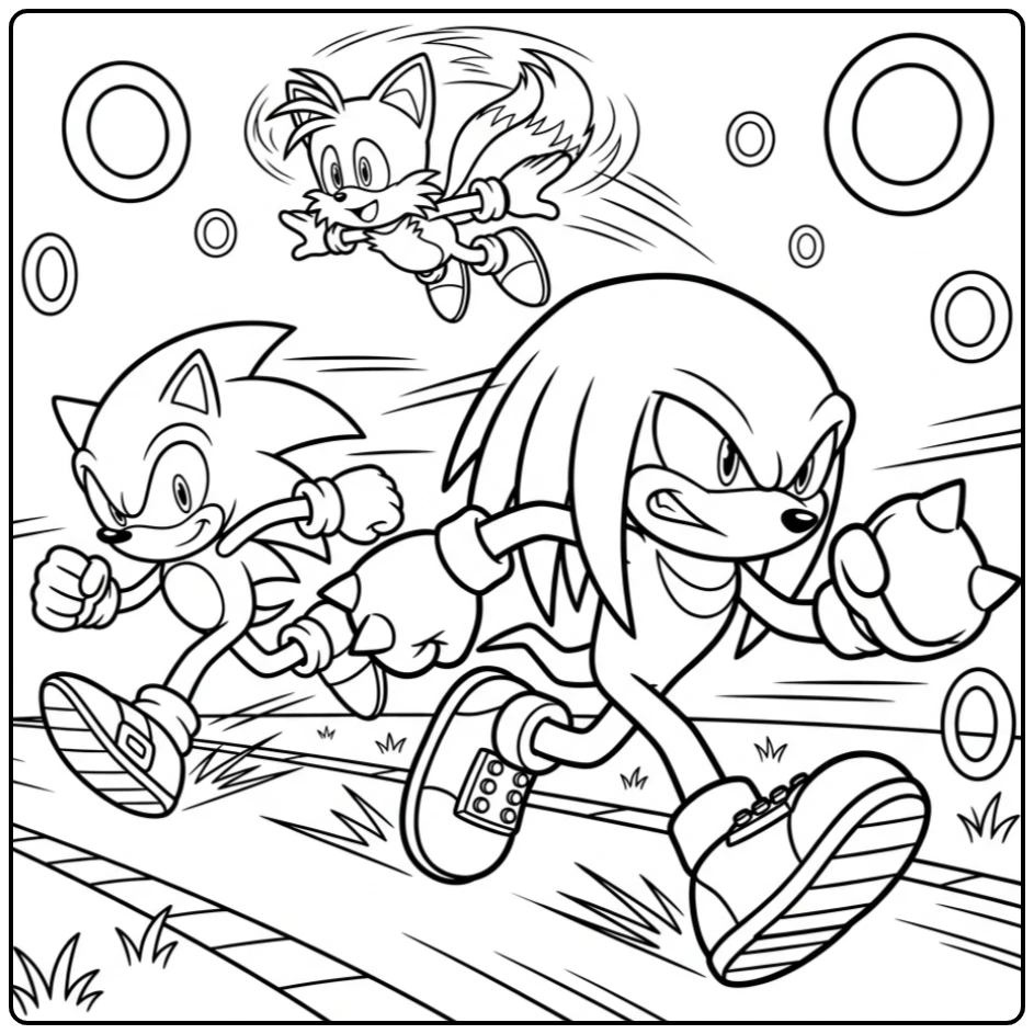Knuckles kleurplaat: Dynamische race met Sonic en Tails in actie.