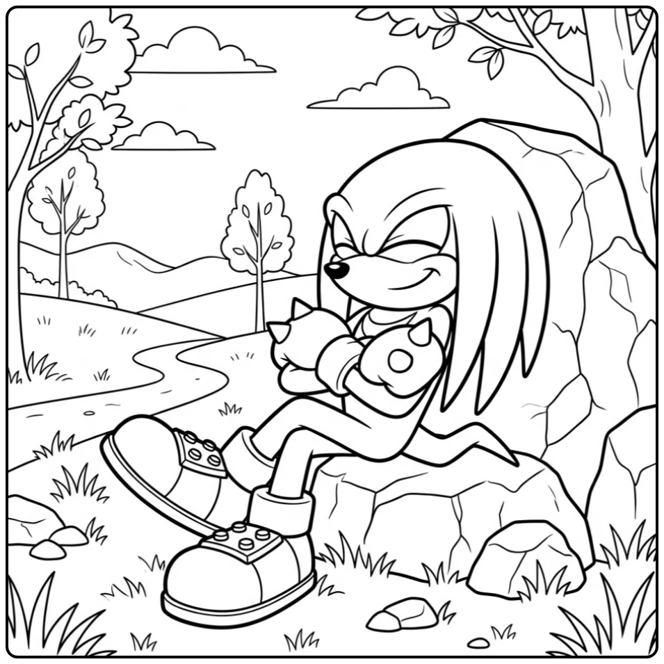 Ontspannende Knuckles kleurplaat leunend tegen een rots