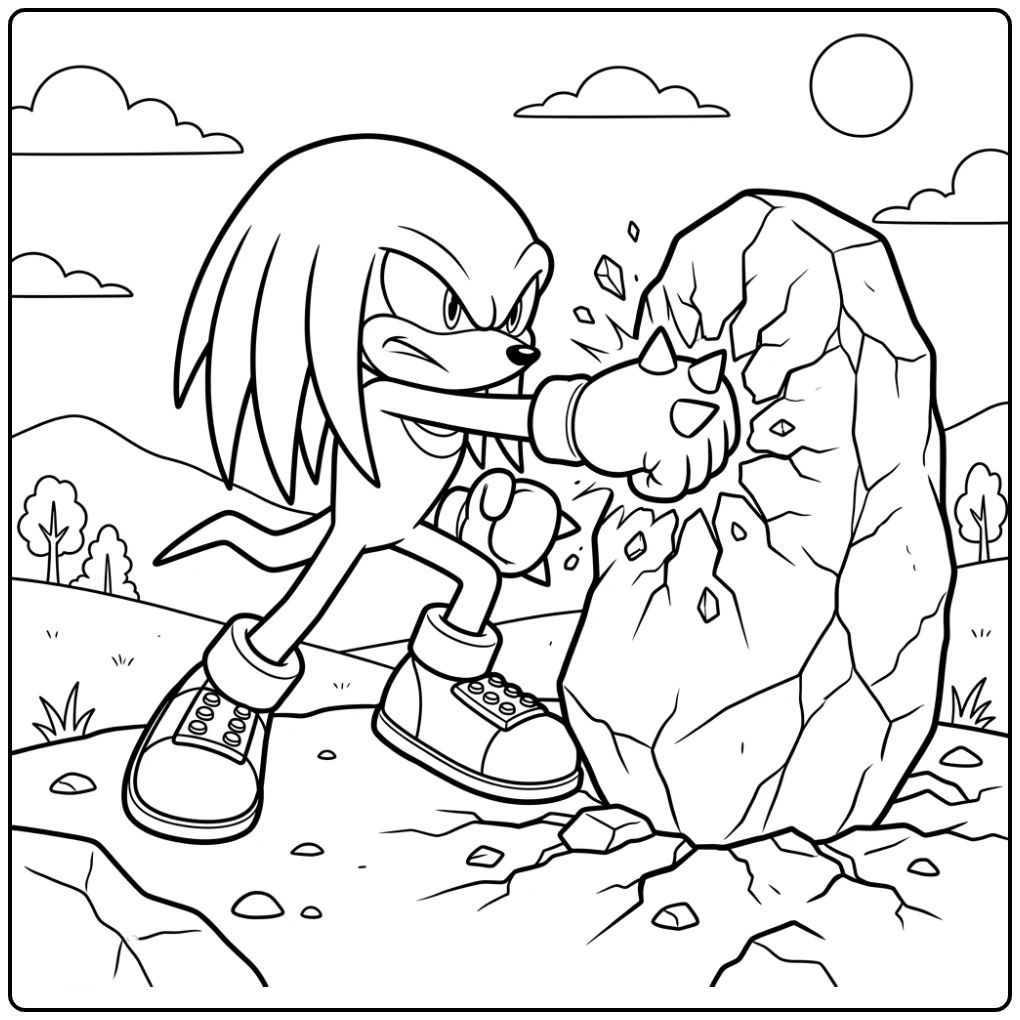Knuckles kleurplaat: Vastberaden stoot tegen een rots met barsten.