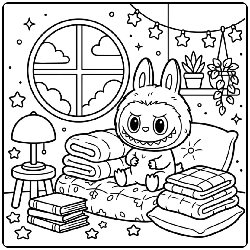 Schattige labubu pop kleurplaat in leeshoekje met kussens.