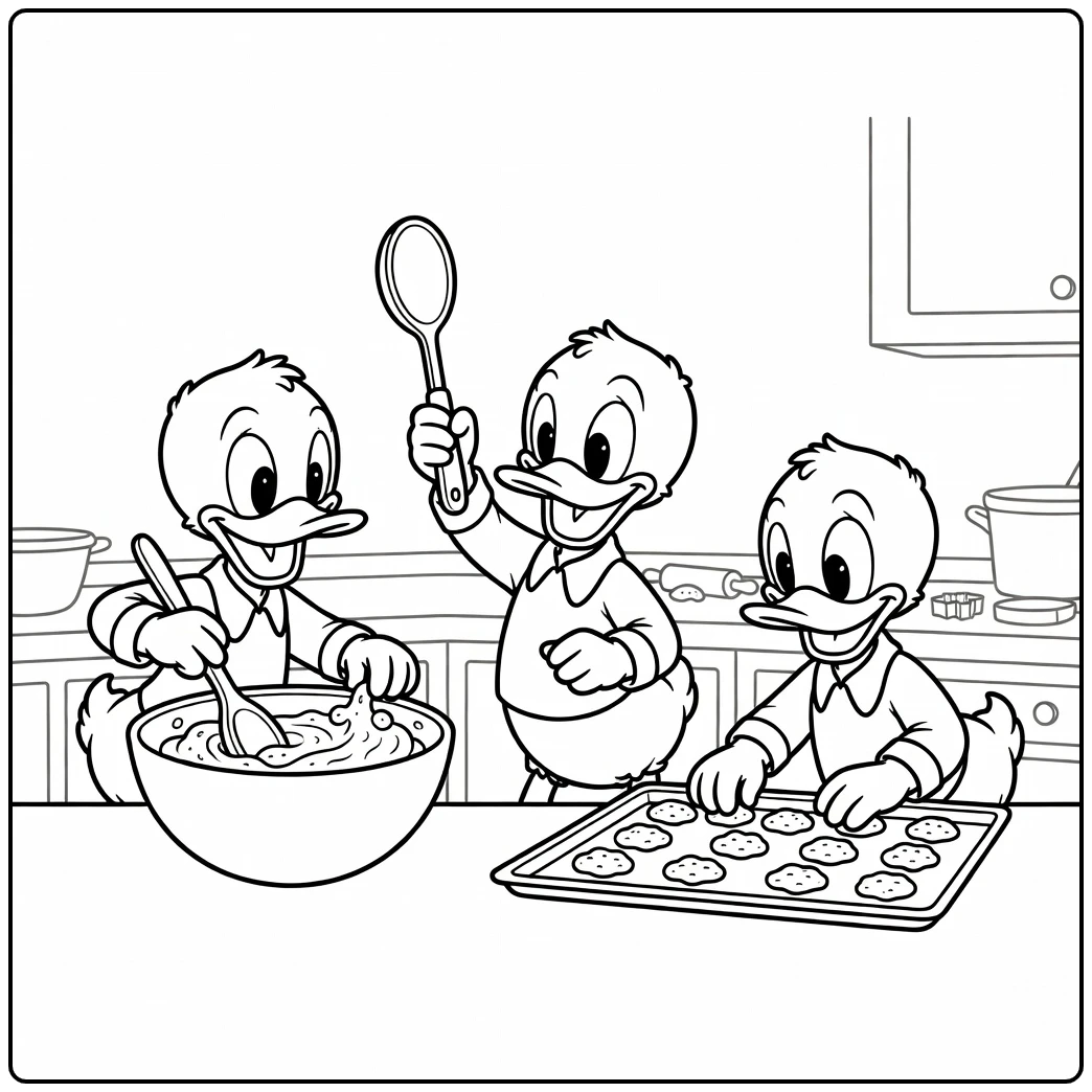 Drie vrolijke eendenkindjes bakken koekjes, kleurplaat kwik kwek en kwak.