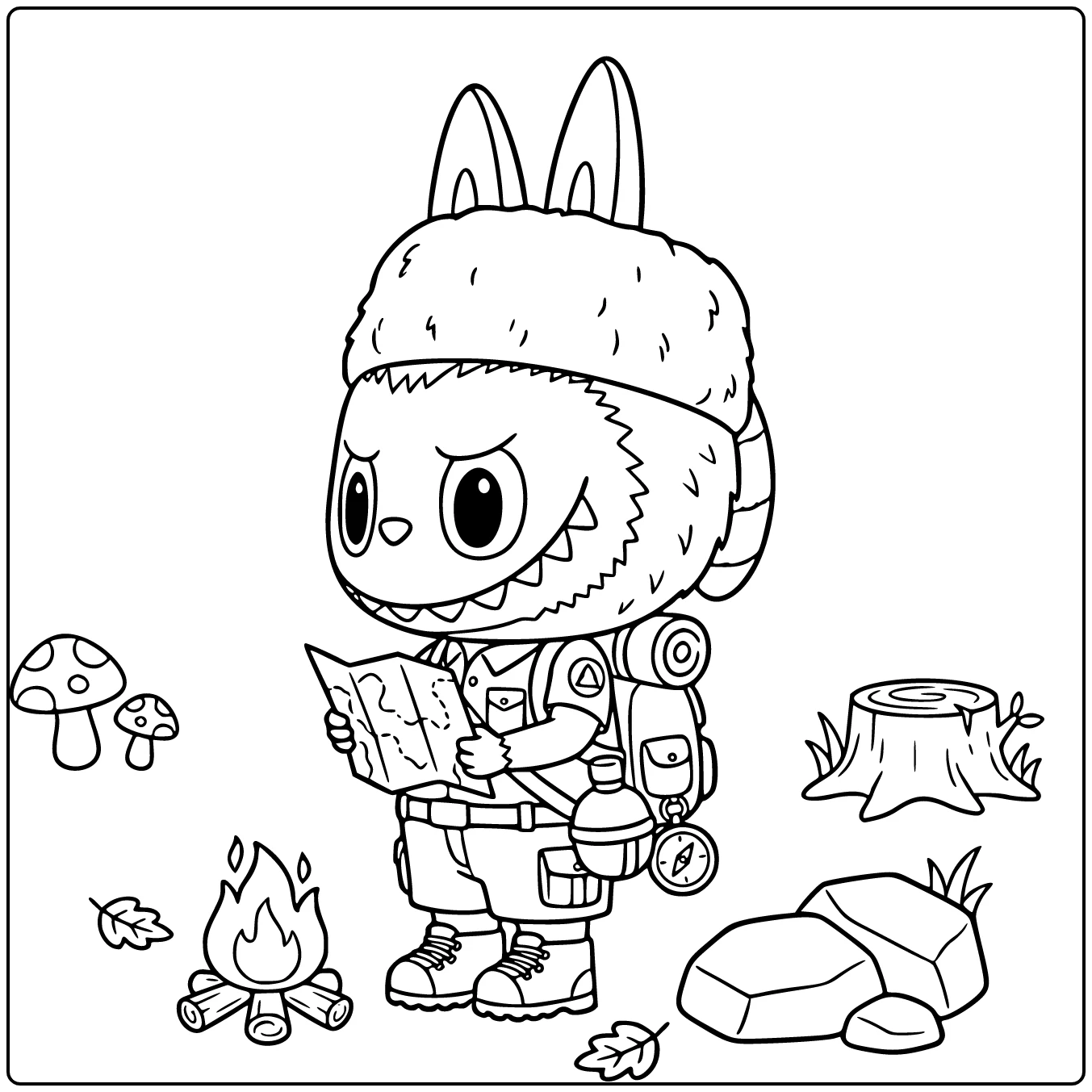 Een konijn avonturier met een kaart op een Fruit Filled Candy kleurplaat.