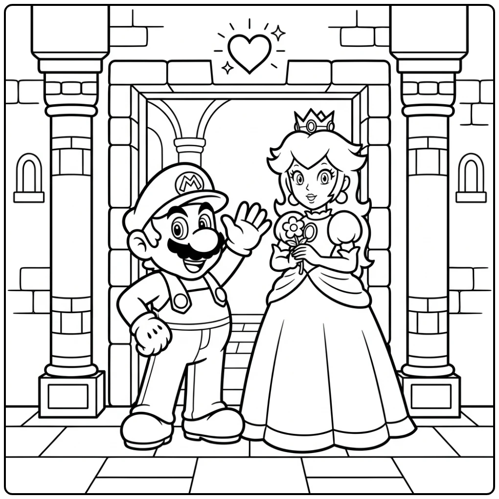 Mario en Peach in kasteelpoort - een vrolijke mario kleurplaat.