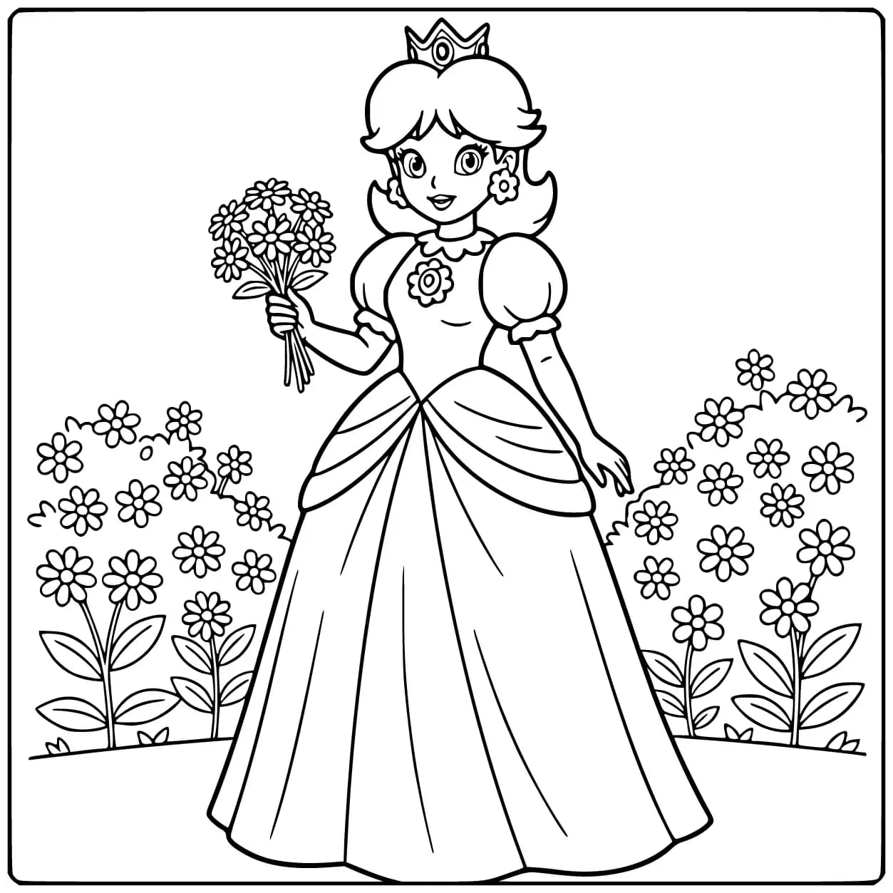 Prachtige princess peach kleurplaat met koninklijke bloemen.