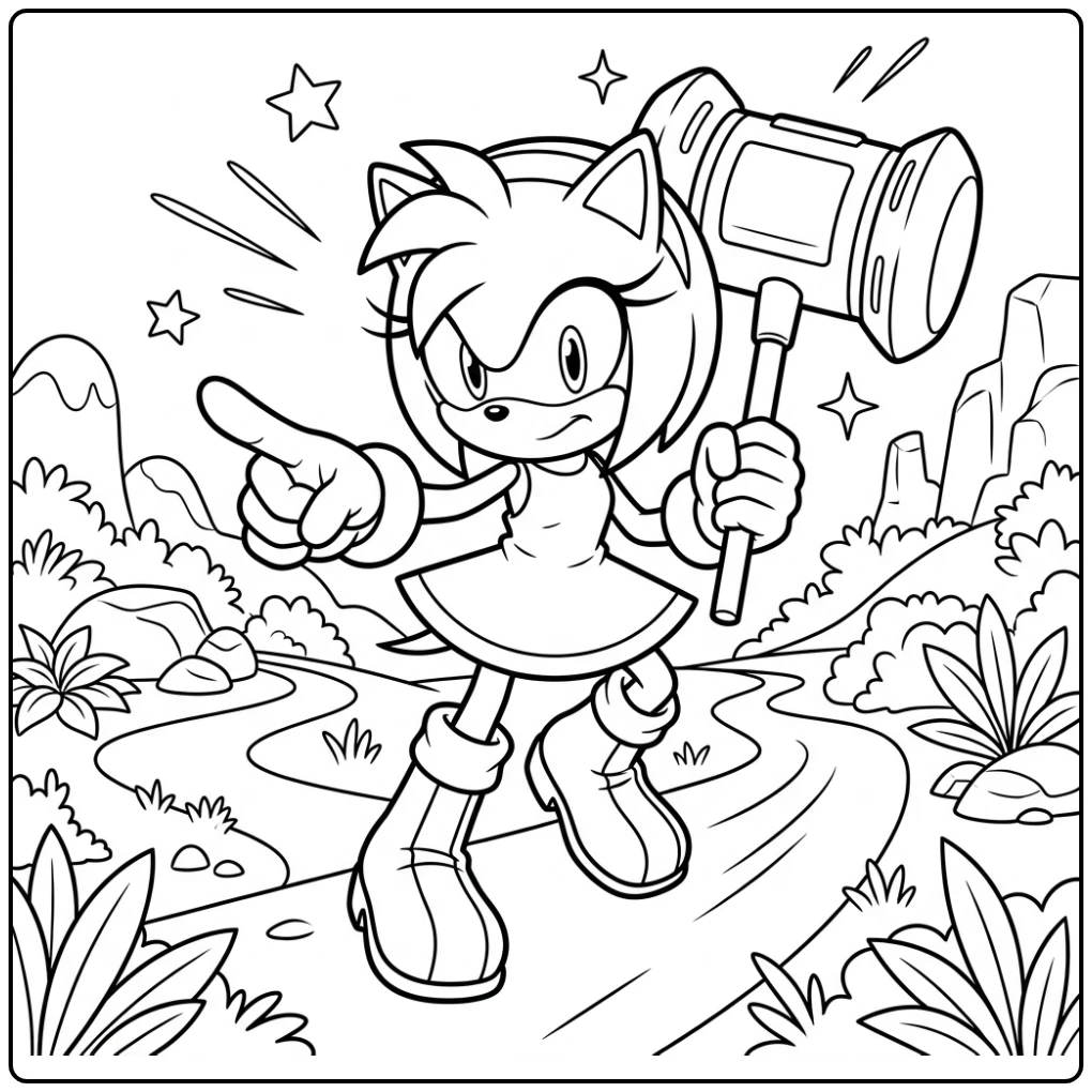 Amy Rose wijst vastberaden met hamer, jouw amy sonic kleurplaat.