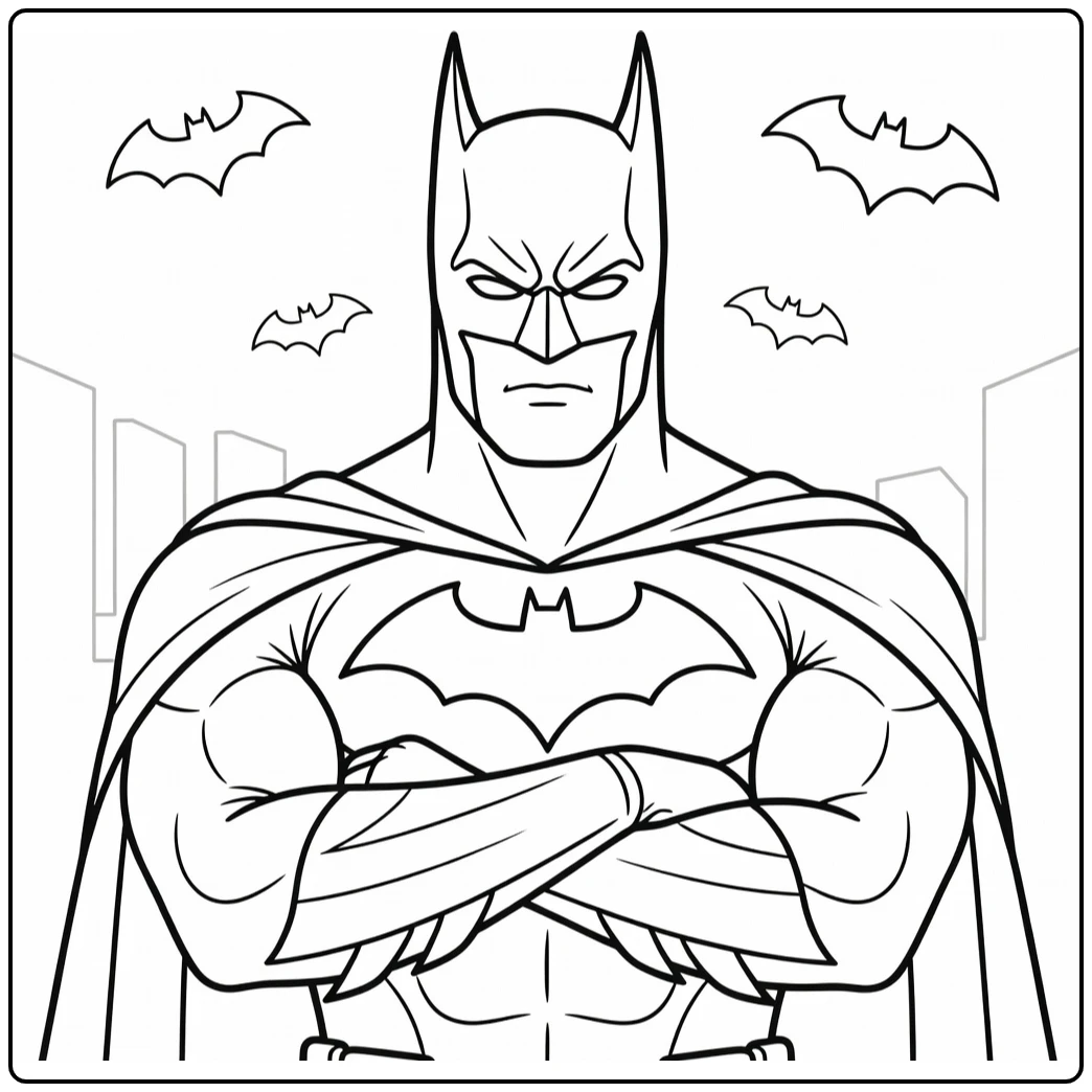 Batman kleurplaat: frontaal met gekruiste armen, krachtige pose