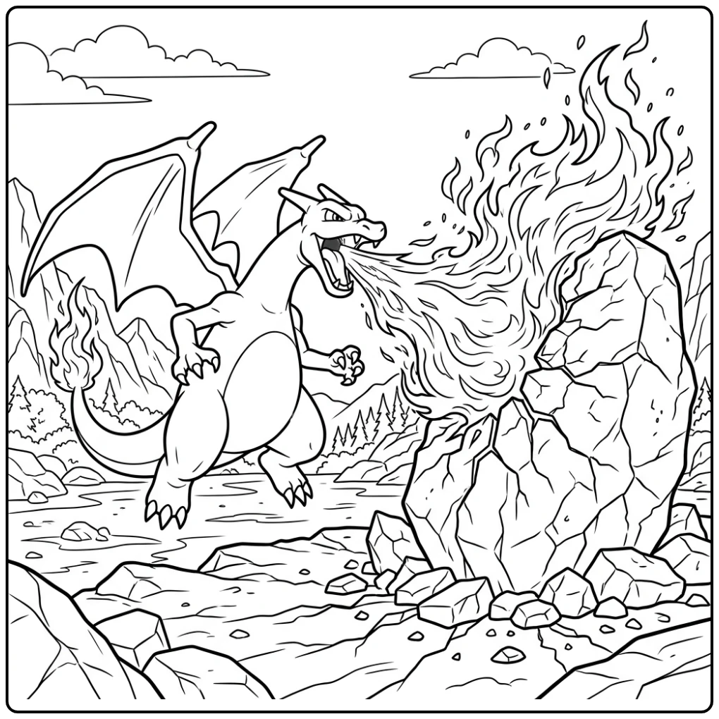 Charizard kleurplaat van een vlammende aanval op rots in training.