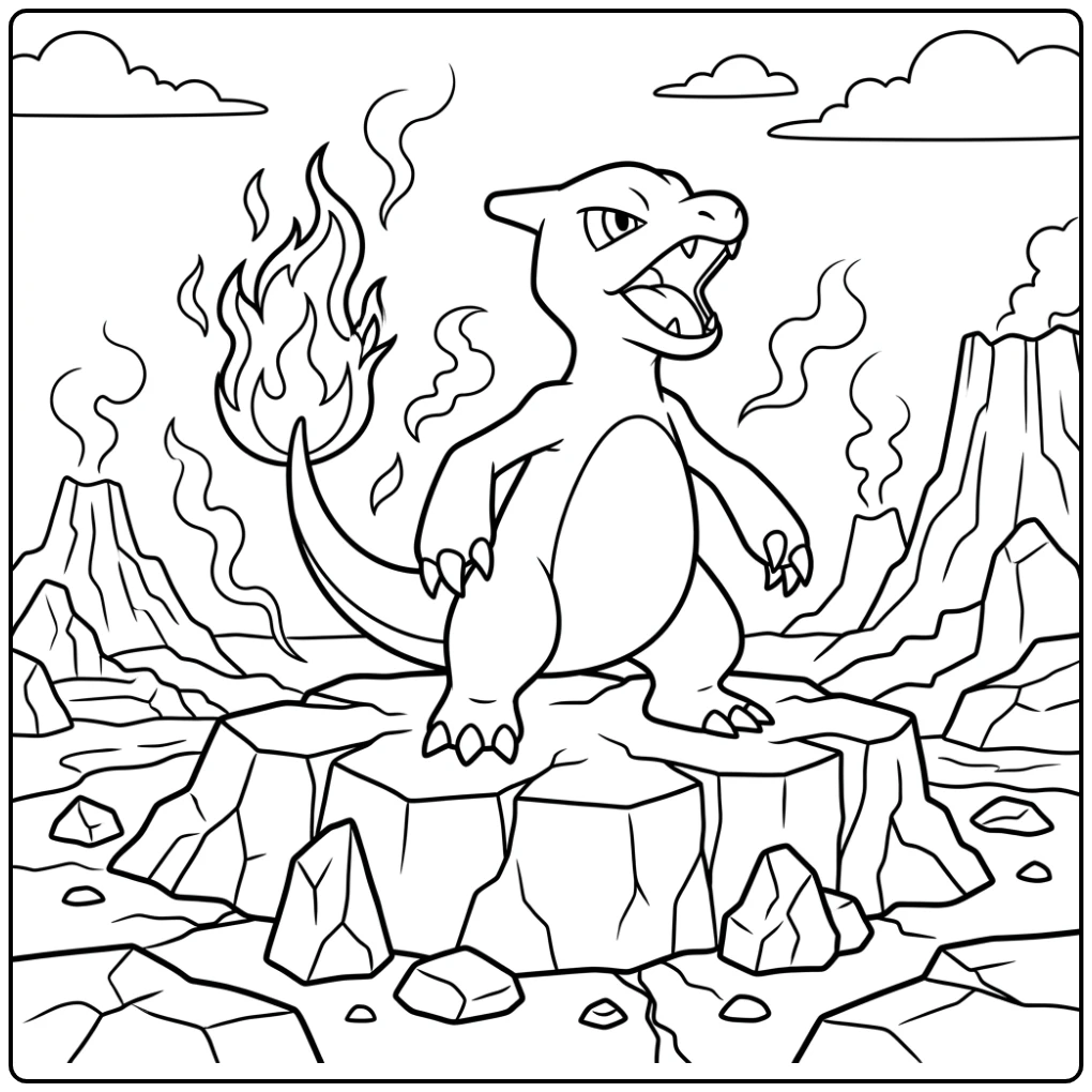 Charmeleon pokemon kleurplaat, brullend op lava rots met vlammende staart.