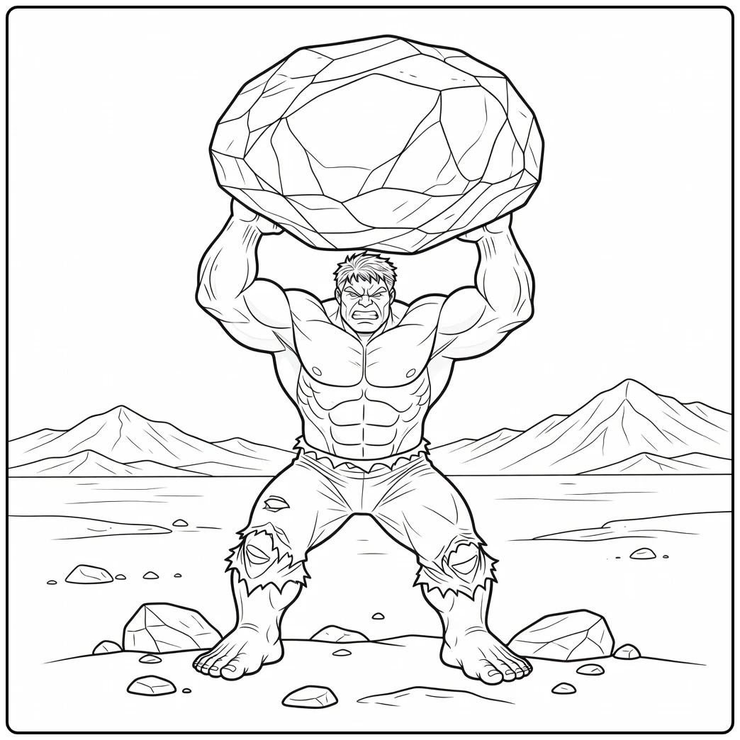 Stoere hulk kleurplaat tilt een grote rots boven zijn hoofd.