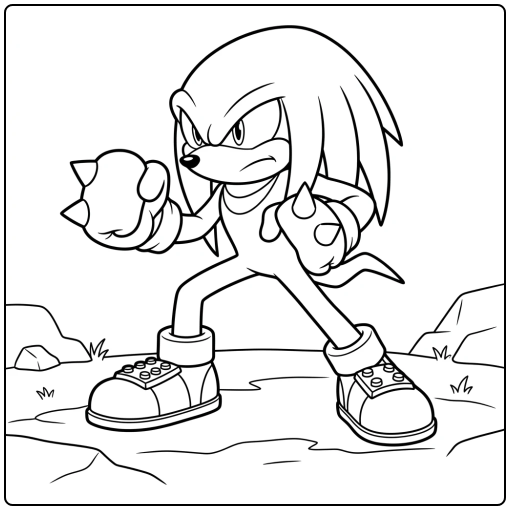 Knuckles kleurplaat in gevechtshouding, klaar om te verdedigen.