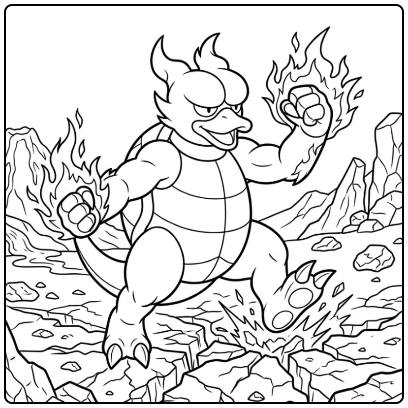 Magmar pokemon kleurplaat, vol zelfvertrouwen stampend op vulkanische grond.