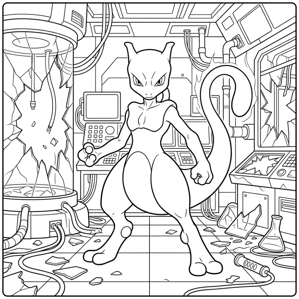 Een stoere mewtwo kleurplaat in een futuristisch laboratorium.