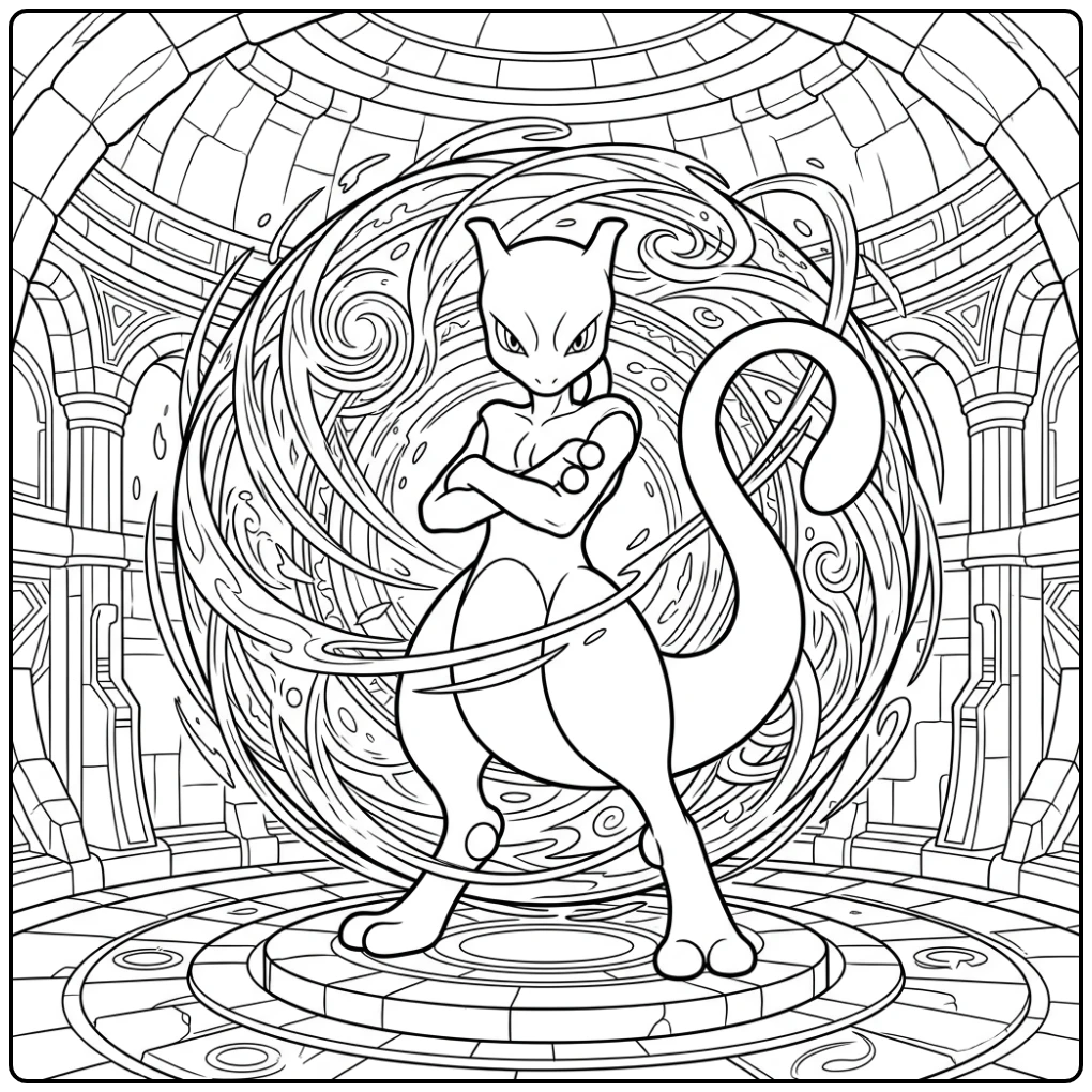 Coole mewtwo kleurplaat in een verdedigende houding.