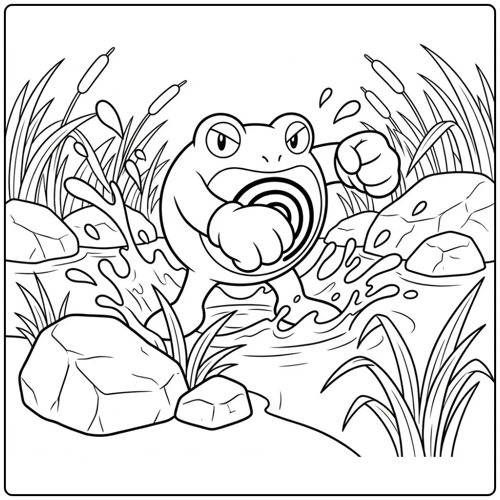 Leuke Pokemon Poliwrath kleurplaat met actie bij de rivier.