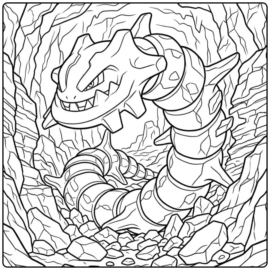 Pokemon Steelix kleurplaat onder de grond met rotsen.