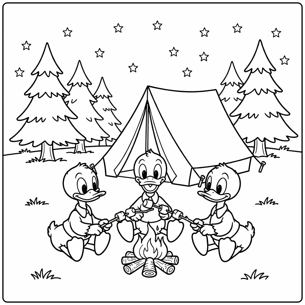 Avontuurlijke kleurplaat kwik kwek en kwak bij kampvuur onder sterren.