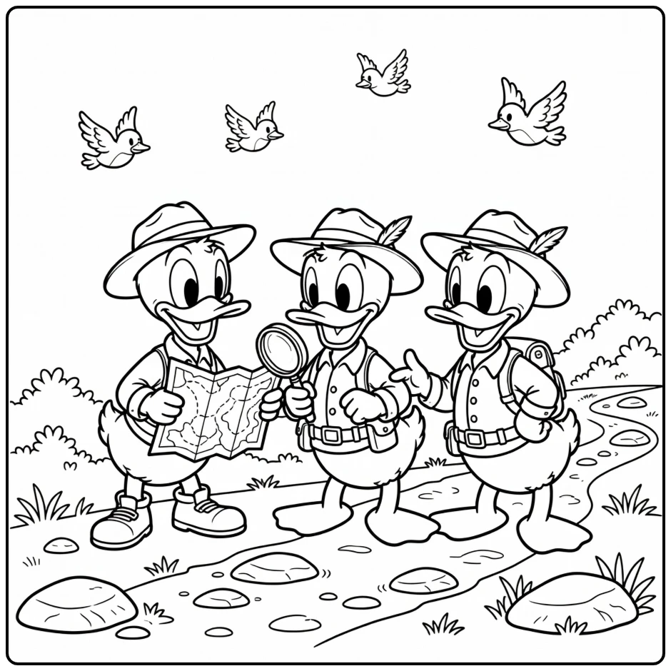Kwik Kwek en Kwak als jonge avonturiers, kleurplaat kwik kwek en kwak