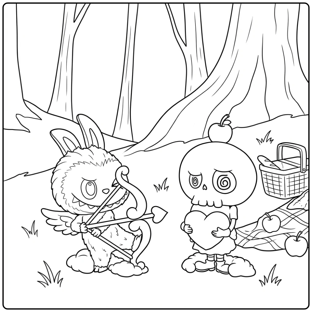 Romantische donderdag Labubu kleurplaat: Labubu als Cupido.