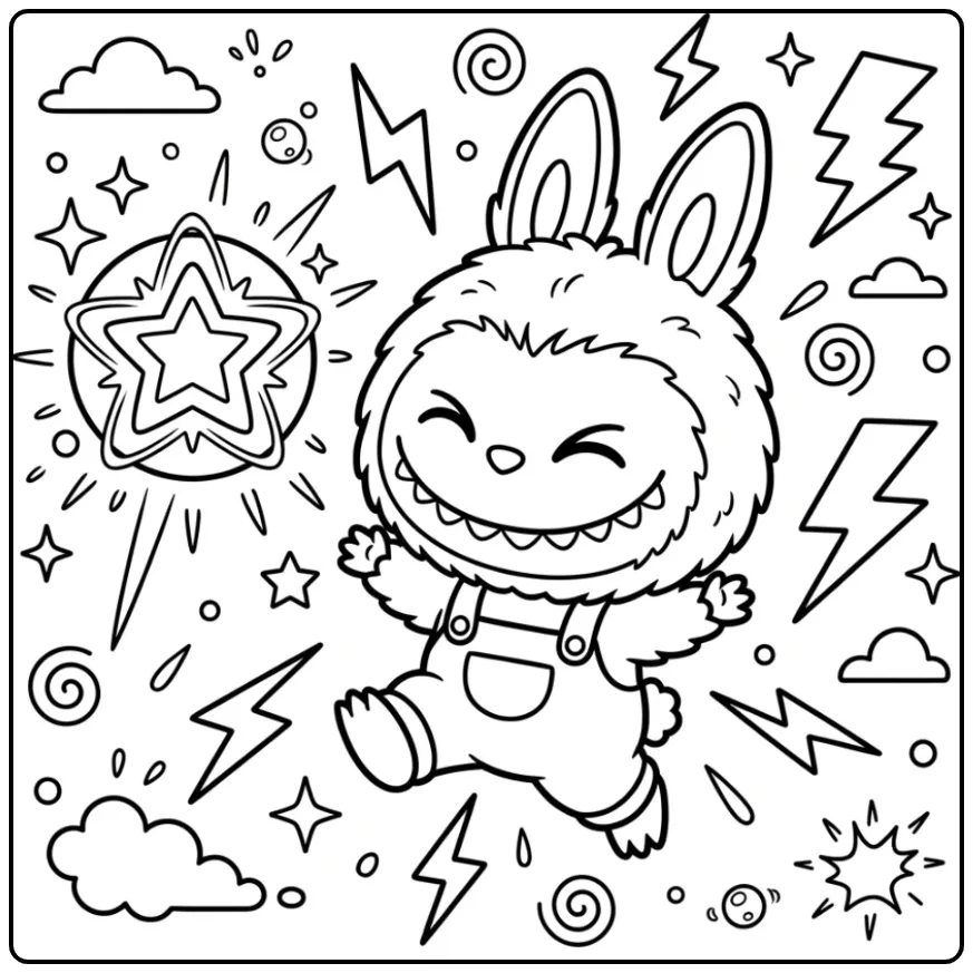 Vrolijke labubu big into energy kleurplaat met sterren.